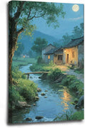 Moonlight under the big tree creek cabin scenery is suitable for posting in the living room bedroom office scenery poster wall painting-Ruum Studio Home