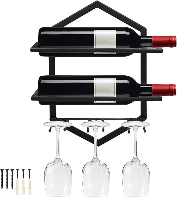 Wall Mounted Wine Stemware Rack, Metal Hanging Wine Glass Display Holde Holds 3 Cups 2 Bottles, Elegant Storage for Kitchen Dining Room Bar Wine Cellar (Black 1)-Ruum Studio Home