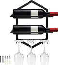 Wall Mounted Wine Stemware Rack, Metal Hanging Wine Glass Display Holde Holds 3 Cups 2 Bottles, Elegant Storage for Kitchen Dining Room Bar Wine Cellar (Black 1)-Ruum Studio Home
