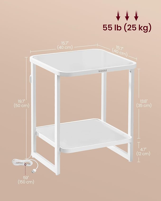 VASAGLE End Table, 2-Tier Side Table with LED Lights, Modern Nightstand, Square Bedside Table, Frosted Glass, Bottom Shelf, for Bedroom, Cloud White and Pearl White ULET232W01-Ruum Studio Home