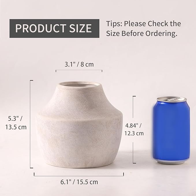 Mitt&Ditt Ceramic Flower Vase, 5.3 inch Off-White Farmhouse Rustic Vase, Handcrafted Weathered Pottery Vases, Small Flower Terracotta Vases for Home Decor, Living Room, Table, Shelf-Ruum Studio Home