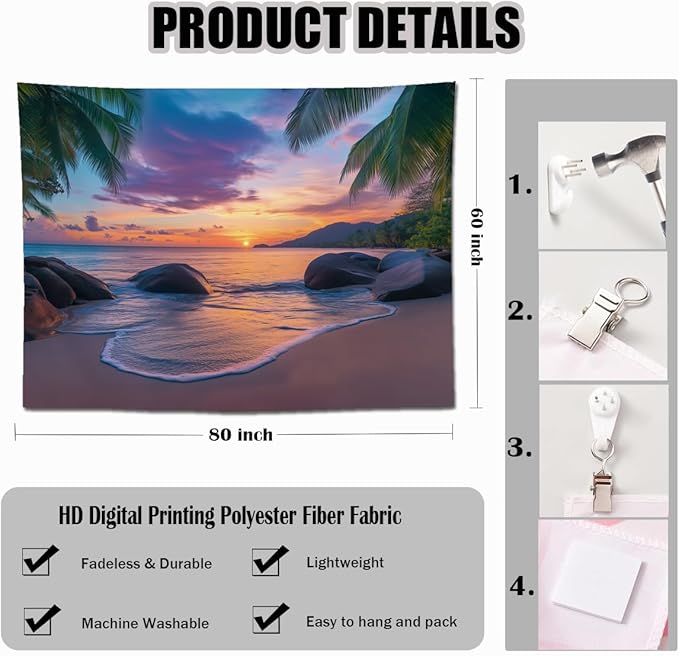 keowhsf Beach Sunset Ocean Tapestry – Tropical Palm Trees Wall Decor with Warm Orange Sky, Summer Seaside Landscape Wall Hanging for Bedroom Living Room Dorm-Ruum Studio Home