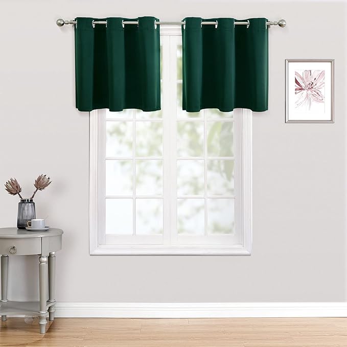ChrisDowa Small Kitchen Valances for Windows - Grommet Short Thermal Insulated Room Darkening Window Valances Curtains for Living Room (2 Panels, Forest Green, 52 x 18 Inch)-Ruum Studio Home