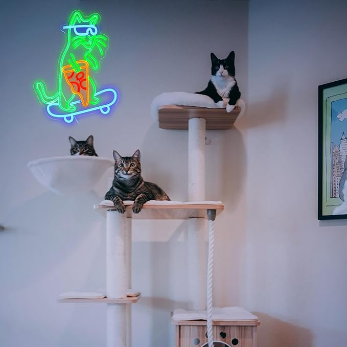 Skateboard Cat Neon Sign LED Cool Glasses Cat Neon Light for Wall Decor Pizza Neon Light Sign Dimmable USB Cat Pizza Light Up Sign for Bedroom Pizza Restaurant Pet Shop Gift (16.7 "*12.2 ")-Ruum Studio Home