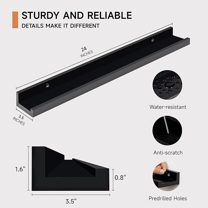 Fun Memories Picture Ledge Shelf, 24 Inch Floating Shelves Set of 2, Nursery Book Shelves for Toys Storage, Kids Bookshelf Wall Mounted for Wall Decor Books Photo Frames, Black-Ruum Studio Home