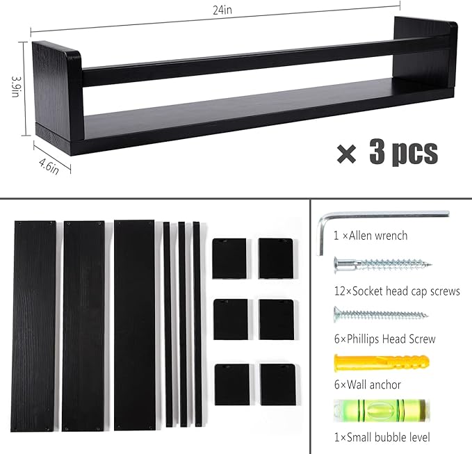 AZSKY Classic Nursery Book Shelves Black Wooden Floating Shelves Wall Bookshelf for Bathroom Decor Kitchen Spice Rack Organizer Kids Room 24 Inch Set of 3-Ruum Studio Home
