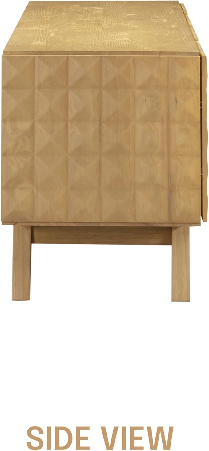 NTC Sapa Mid-Century Modern Solid Wood TV Stand 4-Door Media Console with Carved Geometric Fronts for TVs up to 75", Effortless Assembly, Sand-Ruum Studio Home