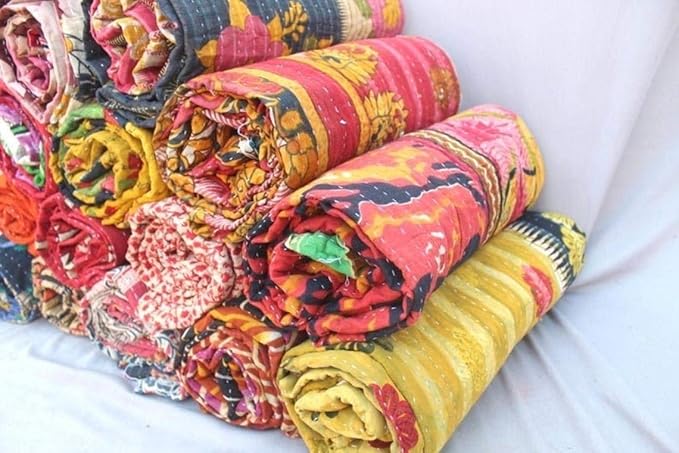 Wholesale Mix lot Tribal Kantha Quilts Reversible Vintage Cotton Bedspread Sari Throw Old Assorted Patches Bed Cover Rally (5)-Ruum Studio Home