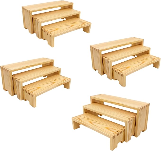 Display Wood Risers Wooden Stand 3 Tier 4 Set 12 Pieces Wooden Stands Decorative Rectangular Display Cupcake Stands Perfume Racks Cologne Organizer(Nature)-Ruum Studio Home