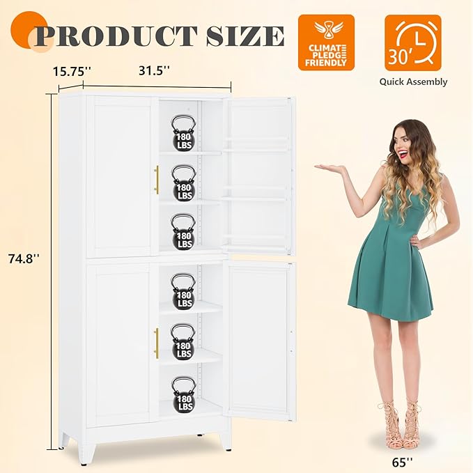74.8" Tall Metal Food Cabinet, White Kitchen Pantry Cabinet, Storage Cabinets with 4 Door and 4 Adjustable Shelves, Steel Freestanding Cupboard for Kitchen Dining Room Living Room Bathroom-Ruum Studio Home