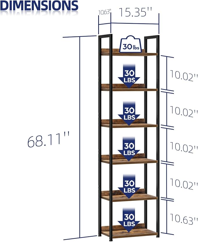 NUMENN Narrow Bookshelf, 6 Tier Bookshelves, Home Office Bookcase Shelf Storage Organizer, Free Standing Storage Shelving Unit for Bedroom, Living Room and Home Office, Vintage-Ruum Studio Home