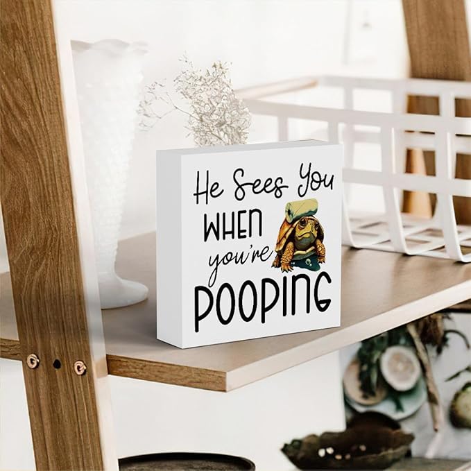 Funny Sea Turtle Bathroom Decor, Bathroom Beach Decoration, Are You Pooping Sign Funny Ocean Turtle Decor, Wooden Box Decor Sign for Home Farmhouse Office Living Room Table Shelf Tiered-Ruum Studio Home