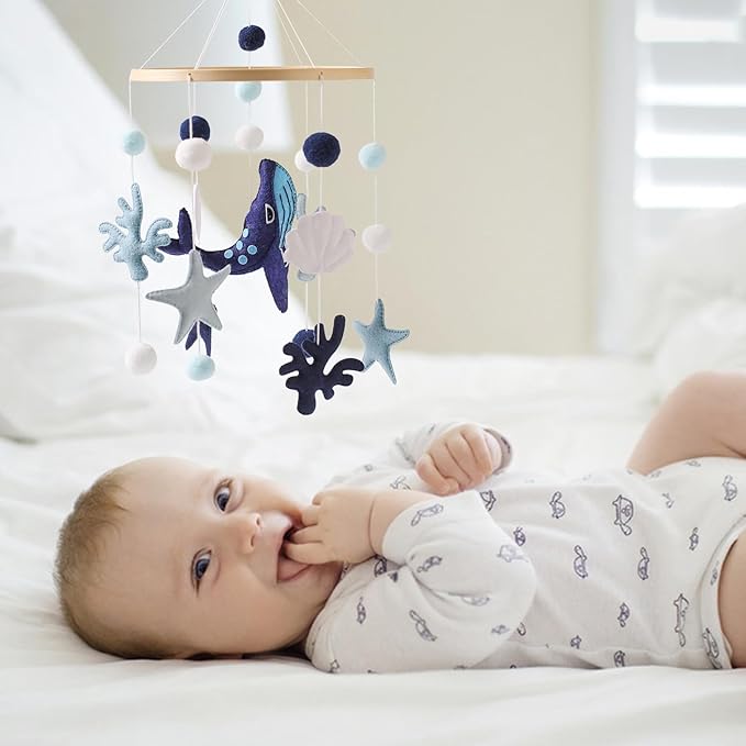 Baby Crib Mobile for Boys Girls - Ocean Animals Mobile for Crib, Gender Neutral Nursery Mobile, Baby Bassinet Mobile Toy for Soothing Sleep | Ceiling Mobile - Blue Whale, Shell, Coral, Starfish-Ruum Studio Home