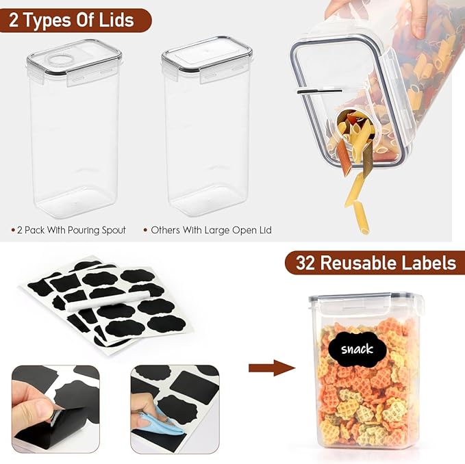 64 PCS Airtight Food Storage Containers With Lids BPA Free,6 Pack With Pouring Spout Cereal Containers Storage for Kitchen Pantry Organization and Storage,Dishwasher safe,Labels Marker-Ruum Studio Home