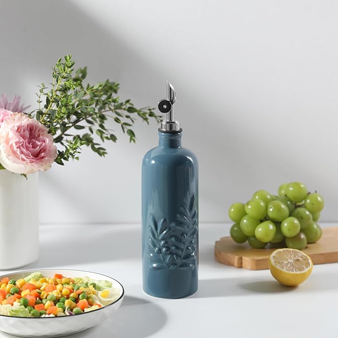 Sweejar 18 Oz Oil Dispenser for Kitchen with Gravity Spout, Ceramic Olive Oil Dispenser Bottle, Relief Opaque Vinegar Container for Evoo, Vinegar, Soy Sauce, Pack of 1(Fogblue, Silver Spout)-Ruum Studio Home