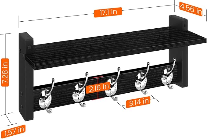 Homode Wall Coat Rack With Shelf, Wood Entryway Hanger With Hooks, Small Floating Pegs for Hanging Coats, Hats, Purses, Backpacks, Black-Ruum Studio Home