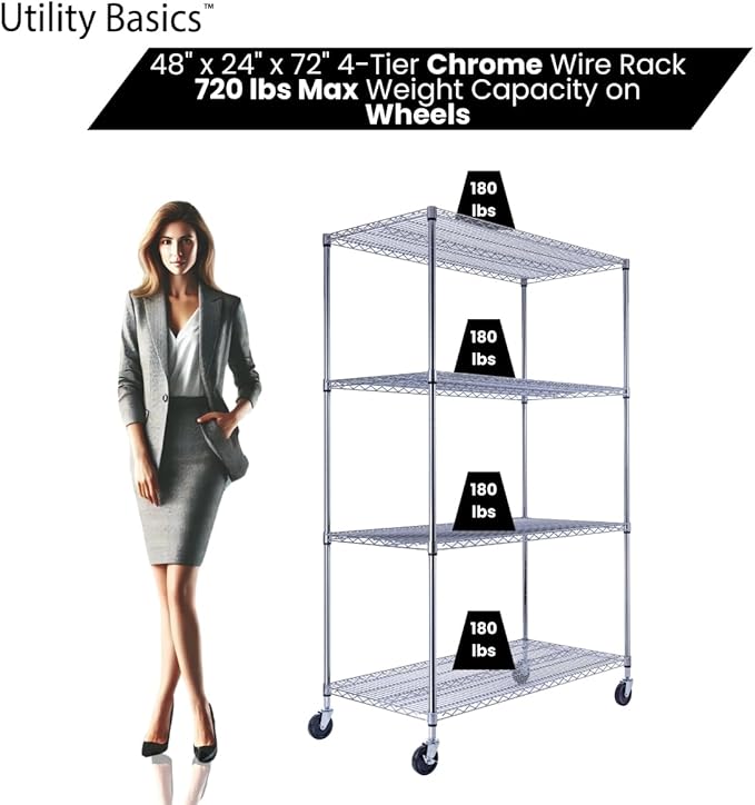 48"x24"x72" Chrome Premium Metal Steel Wire Shelving 4-Tier NSF 3200 LBS MAX Capacity Heavy Duty Storage Rack for Garages, Commercial Spaces, Hospitals, & Schools w/Premium Wheels-Ruum Studio Home