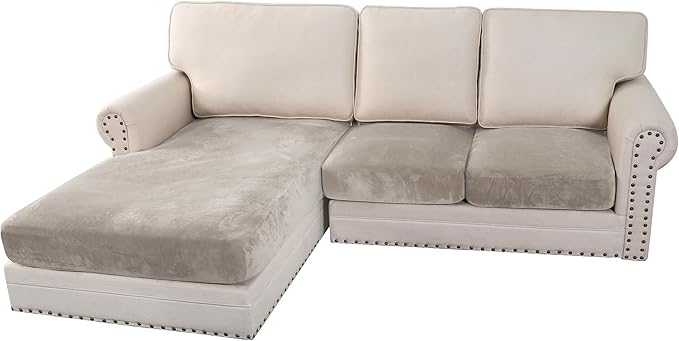 H.VERSAILTEX Velvet Stretch 3-Piece L Shape Sectional Couch Covers (Large 2 Seater + 1 Chaise, Oatmeal)-Ruum Studio Home