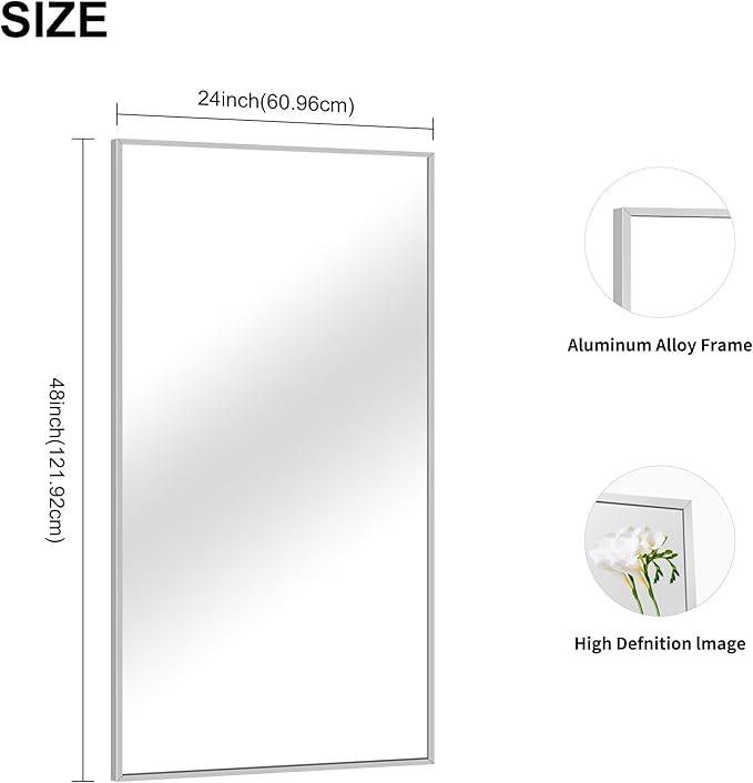 48x24In Silver Bathroom Mirror for Wall, Brushed Nickel Rectangle Mirrors with Metal Frame, Bathroom Rectangular Mirror Modern Wall Mirror for Bedroom Living Room, Hangs Horizontal or Vertical-Ruum Studio Home