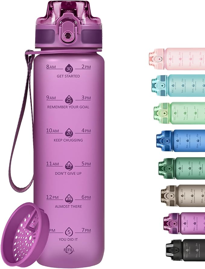 32oz Motivational Water Bottles with Time Marker & Fruit Strainer, Transparent Gradient Color Water Bottle with Times to Drink, Leakproof & BPA Free, Reusable Bottle with Strap (No Straw)-Ruum Studio Home