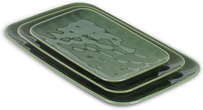 vicrays Ceramic Rectangle Serving Platters - 14" 12" 10" Porcelain Serving Trays Plates for Party BBQ Appetizers Sushi Dessert - Microwave Oven and Dishwasher Safe - Set of 3 Green-Ruum Studio Home