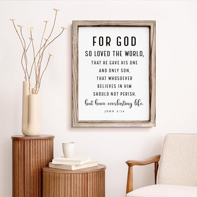 Christian Wooden Sign, Living Room Decors, Bible Verse Decor, Rustic Home Decor, Religious Artwork for Wall, Framed Wall Plaque Sign 15 * 11.5 inches, For God So Loved the World-Ruum Studio Home
