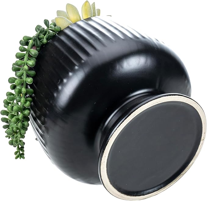 MyGift 8 Inch Modern Green Artificial Succulent Arrangement Potted in Matte Black Fluted Ceramic Round Planter, Decorative Plant Pot with Assorted Faux Mini Succulents-Ruum Studio Home
