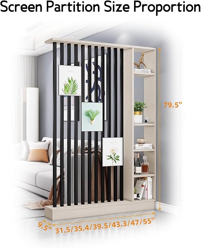 Wall Room Divider, Storage Cabinet Storage Display with Shelves, Modern Freestanding Wood Room Divider Screen, Wall Privacy Screens for Home Decorative (Beige+Black,55" L x 9.5" W x 79.5" H)-Ruum Studio Home