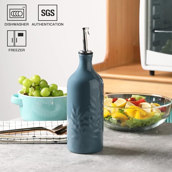 Sweejar Ceramic Olive Oil Dispenser Bottle, 20 Oz Relief Opaque Oil Cruet Protects Oil To Reduce Oxidation, Suitable for Storage Oil, Vinegar, Soy Sauce, Coffee Syrup, Liquids, Set of 1 (Fog Blue)-Ruum Studio Home