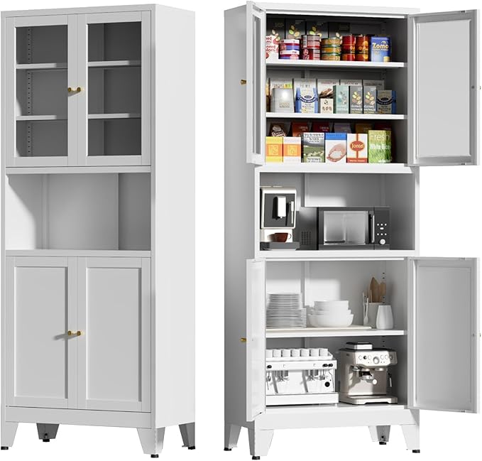 69" Tall Pantry Cabinet, Kitchen Storage Cabinet with 2 Glass Doors and Adjustbale Shelves, Freestanding Metal Cupboards for Dining Room, Living Room, Bathroom-Ruum Studio Home