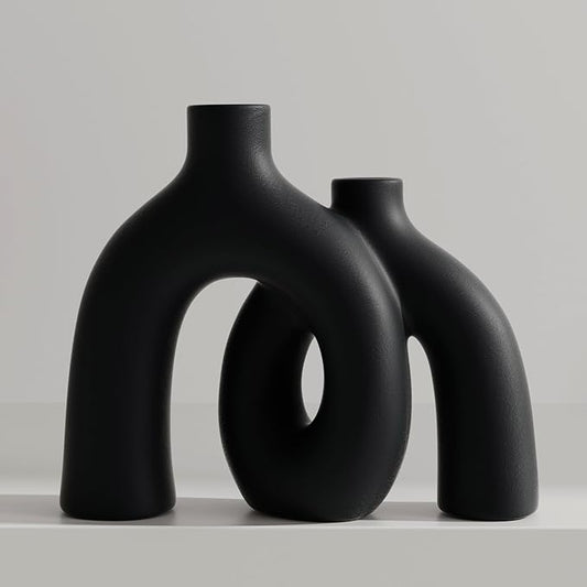 Matte Black Vase Set - Hug Hollow Donut Aesthetic Ceramic Vases Home Decor, Modern Nordic Minimalist Decorative Vase for Table Centerpiece Bookshelf Office Entryway Console Fireplace (Black)-Ruum Studio Home