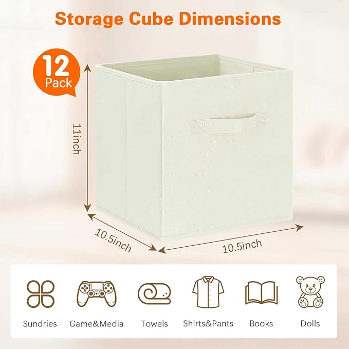 GhvyenntteS Storage Cubes 12 Pack, 11 Inch Cube Storage Bins with Dual Handles, Collapsible Fabric Storage Bins for Shelves Closet, Storage Baskets for Organizing Clothes, Bedding, Books, Beige-Ruum Studio Home