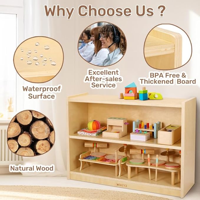 wingyz Wooden Storage Cabinet, 2-Tier Kids Toy Storage Organizer, Spacious Montessori Kids Bookshelf, Toy Shelf Storage Organizer for Playroom Classroom Nursery Study Room Living Room-Ruum Studio Home