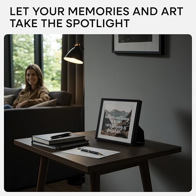 Homeforia 8x8 Black Picture Frame, High End Metal 8 x 8 Square Photo Frames with Mat 6 by 6, 8x8 Poster Frame Matted to 6x6 inch Print, 8by8 Wall or Tabletop Frames, Tempered Glass, Wall Kit, Set of 1-Ruum Studio Home