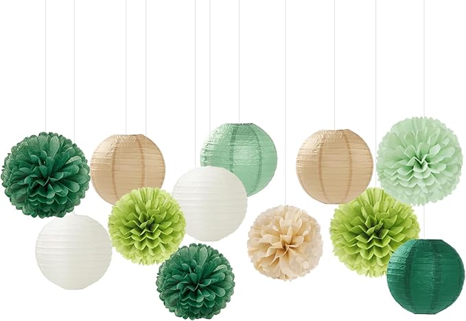 Sage Green-Boho Party-Decorations Paper Flowers Lanterns - 15PCS Birthday Gender Neutral Baby Shower Tissue Pom Poms Streamers, Champagne Gold Rustic Wedding Graduation Hanging Supplies Decor Hugfond-Ruum Studio Home