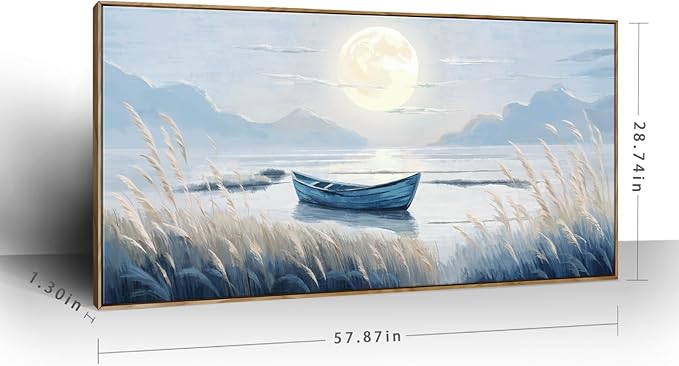 amatop Oversized Framed Coastal Wall Art for Living Room Blue Boat Moon Sea Picture Landscape Canvas Print Calming Night Ocean Lake Scene Large Artwork Nautical Bedroom Office Wall Decor 58x29 In-Ruum Studio Home