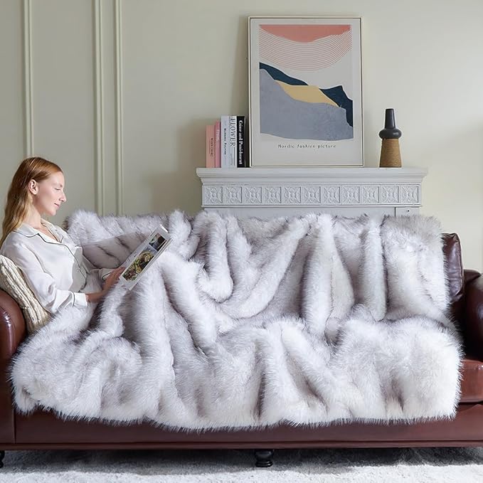 Fluffy Faux Fur Throw Blanket – Super Soft Warm Thick Plush Blanket for Bed, Couch & Office, Cozy Fuzzy Throw with Flannel Backing,60"x80", White-Ruum Studio Home