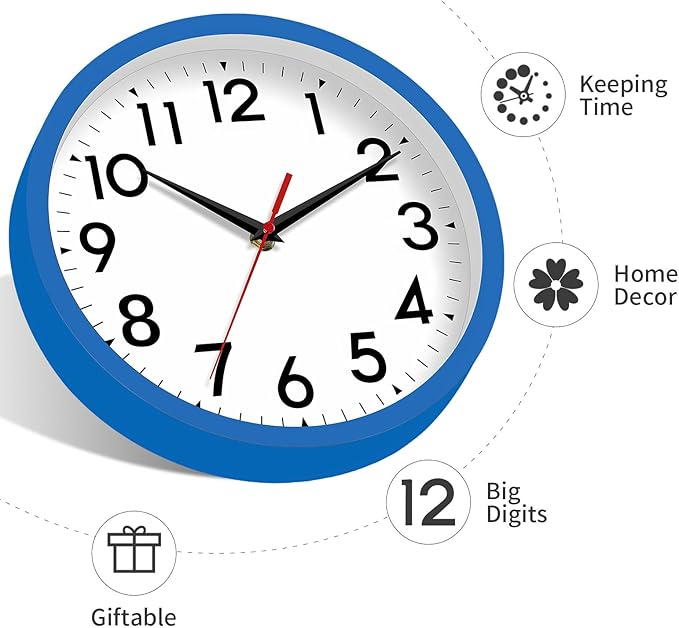 Wall Clock Small Analog 8 Inch Silent Non Ticking Battery Operated Modern Simple Decorative for Kitchen Office Bedroom Bathroom Living Room(Blue)-Ruum Studio Home