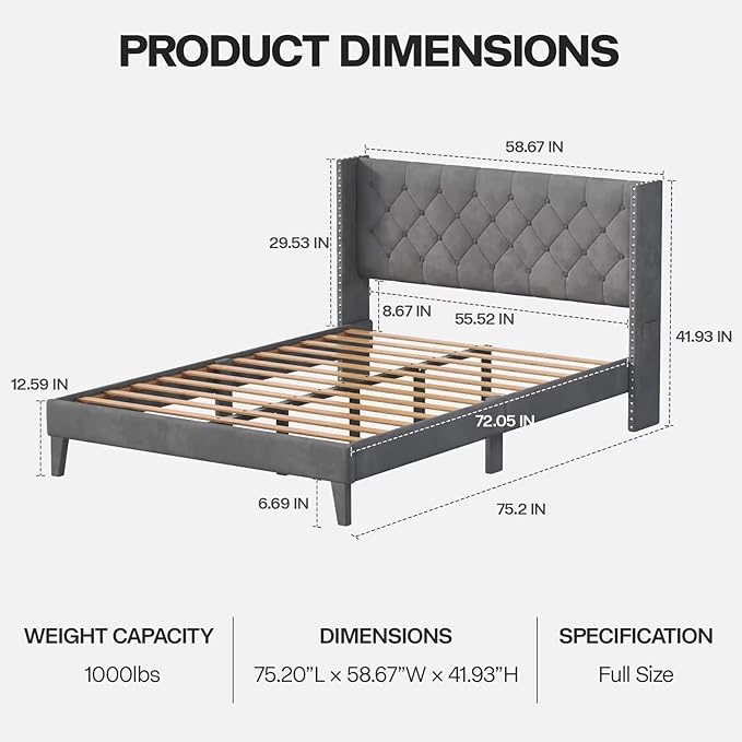Full Size Bed Frame with LED Lights, Upholstered Bed Frame with Wingback Diamond Tufted Headboard, Wood Slats Support, Noise-Free, Easy Assembly, No Box Spring Needed, Grey-Ruum Studio Home