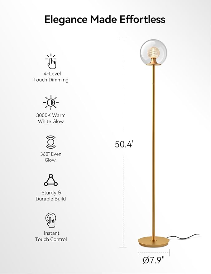 Tubicen Gold Floor Lamp with Dual-Globe Glass Shade Memory Function Art Decor 4-Stage Touch Control Dimmable Modern LED Corner Standing Floor Lamp for Bedroom Office Living Room Bedside-Ruum Studio Home