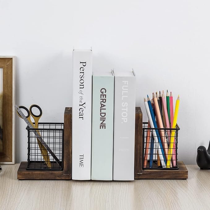 MyGift Rustic Burnt Wood Decorative Bookends for Heavy Books with Matte Black Metal Wire Basket Pencil Cup and Office Supplies Storage Baskets, 1-Pair-Ruum Studio Home
