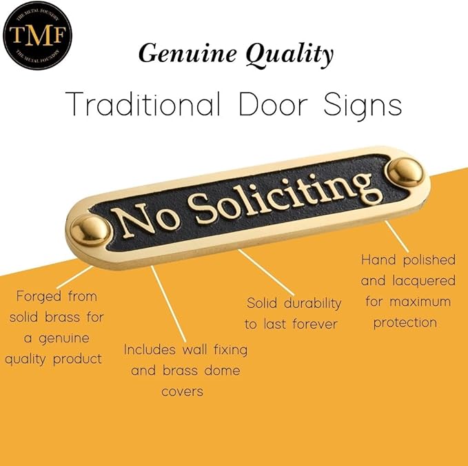 No Soliciting Brass Door Sign. Traditional Style Home Décor Wall Plaque Handmade By The Metal Foundry UK.-Ruum Studio Home