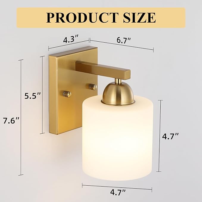 Gold Milk Glass Wall Sconces, 1 Pack Hardwired Indoor Wall Light Fixtures for Living Room, Hallway, Bedroom, Ceramic E26 Sockets (Bulbs Not Included)-Ruum Studio Home