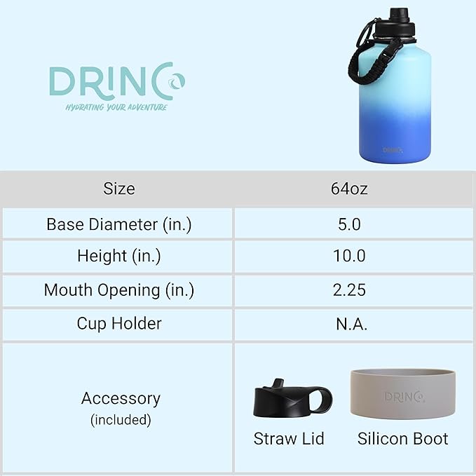 DRINCO Stainless Steel Water Bottle Spout Lid Vacuum Insulated Double Wall Water Bottle(64oz 40oz 32oz 22oz 18oz 14oz) Leak Proof Keep Cold Sport Camping Hiking (64 oz, 64oz Morning Sky Blue)-Ruum Studio Home