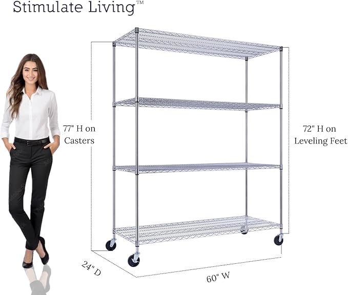 60"x24"x72" PRIME HEAVY DUTY Chrome 4-Tier Wire Shelving NSF 2400 LBS MAX Capacity Storage Rack for Commercial, School, Home, Garage, Warehouse, Industrial, and Hospital Uses (with Wheels)-Ruum Studio Home