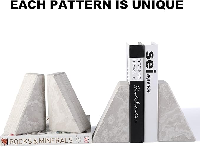 Marble Bookends for Heavy Books, Decorative Book Ends for Shelves, Durable and Heavy-Duty Bookends for Hardback Book & CDS, Off-White Unique Books Stopper & Holder, Set of 2-Ruum Studio Home