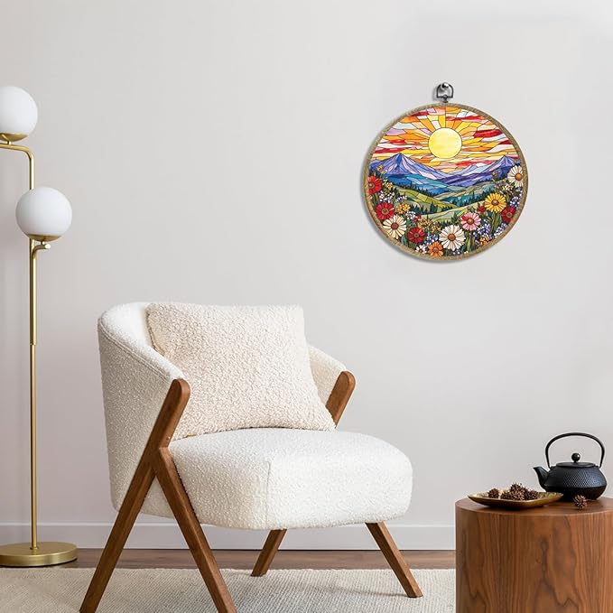 Wildflowers Sunset Flower Floral Garden Decor, Gift for Mom, Nature Lover Gift Framed Round Wall Decor Canvas Wall Art Hanging Prints Artwork for Home Living Room Office Decorations 10.2X10.2 Inch-Ruum Studio Home