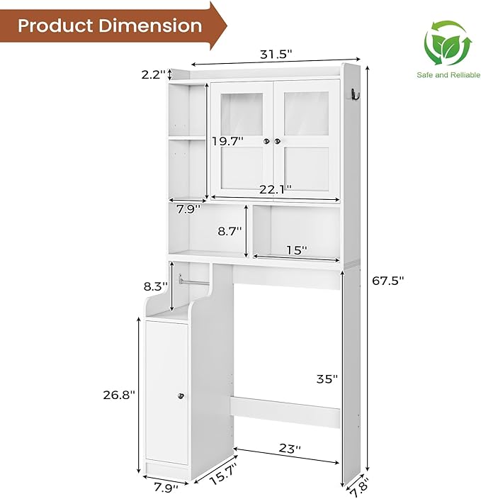 Itaar Over The Toilet Storage Cabinet, Over Toilet Bathroom Organizer with Glass Doors & Toilet Paper Holder Stand, Home Space-Saving Toilet Rack, for Bathroom, Restroom, Laundry(White)-Ruum Studio Home