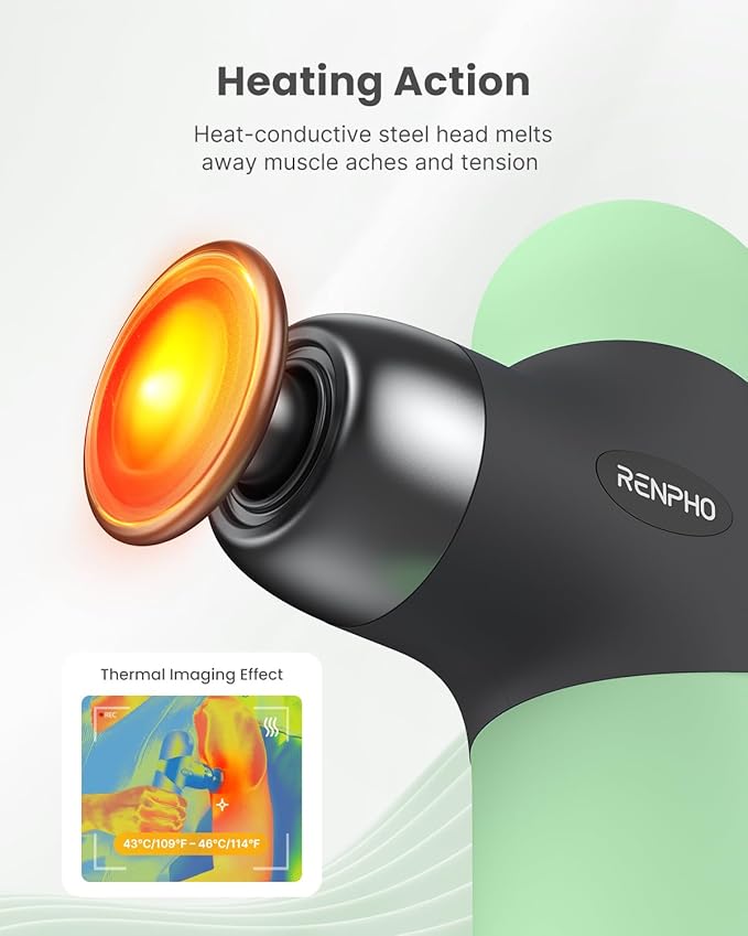 RENPHO Mini Thermal Massage Gun with Heat, Portable Deep Tissue Percussion Massager, Color Silicone Sleeves Travel Size with Carry Case, Spearmint-Ruum Studio Home