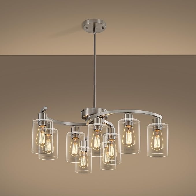 9-Light Brushed Nickel Glass Chandelier, Adjustable Height Hanging Industrial Dining Room Chandelier Over Table, Modern Farmhouse Chandelier for Kitchen Island Living Room Entryway Bedroom-Ruum Studio Home